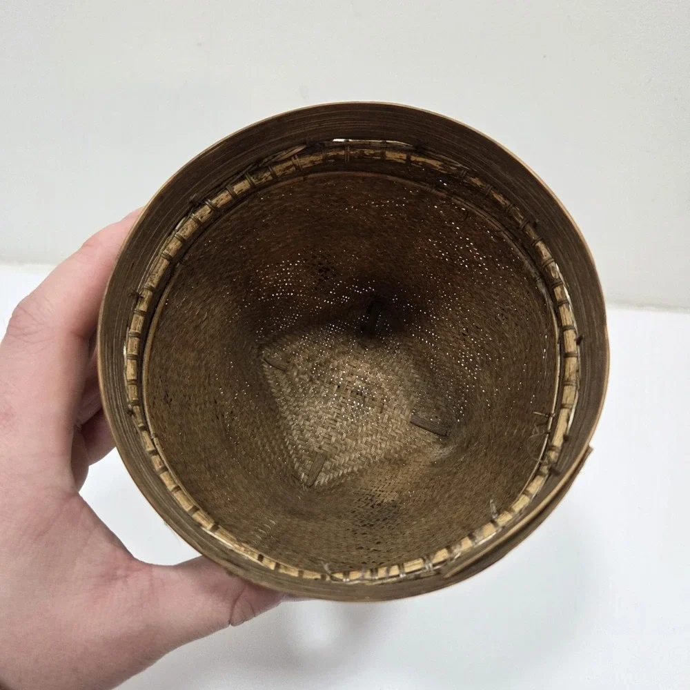 CHINESE ASIAN RICE BASKET Woven‎ Dark Wicker Bamboo Unique Design